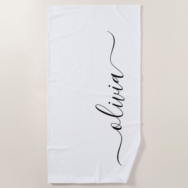 Serviette De Plage Noir Blanc moderne Script Girl Monogramme Nom (Devant)