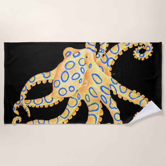 Serviette De Plage Noir bleu de poulpe d'anneau (Devant)