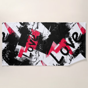 Serviette De Plage Noir et blanc avec taches rouges amour motif