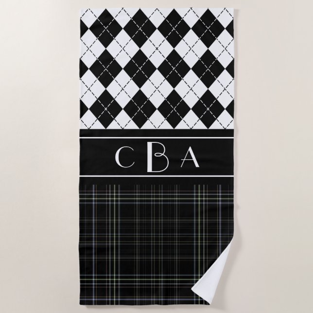 Serviette De Plage Noir et blanc Plaid et Jacquard Monogramme (Devant)