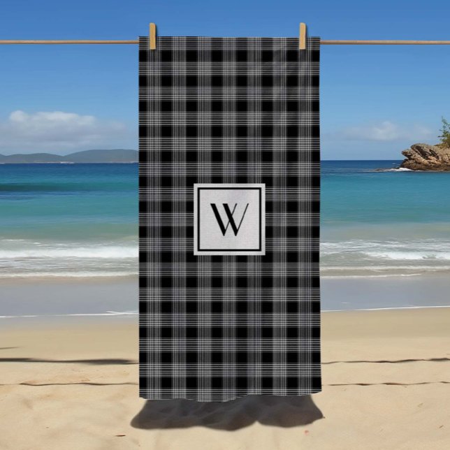 Serviette De Plage Noir et gris monogramme À damiers Motif (Monogrammed Black Checked Beach Towel)