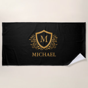 Serviette De Plage Noir et Or Personnalisé Stylo Nom Monogramme