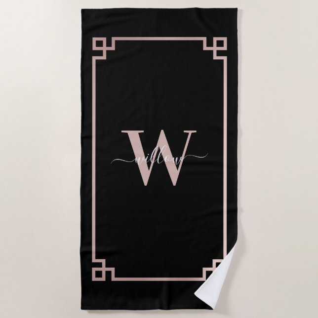 Serviette De Plage Noir et Rose Gold Rose Clé grecque Monogramme (Devant)