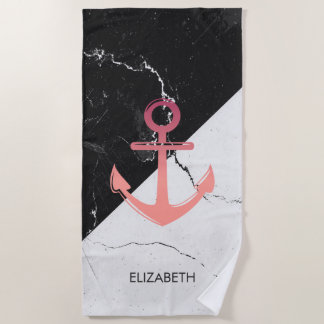 Serviette De Plage Noir & Marbre blanc blanc Ancre