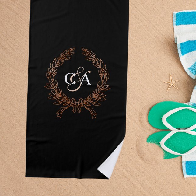 Serviette De Plage Noir monogramme initiales couronne rose lune de mi (Créateur téléchargé)