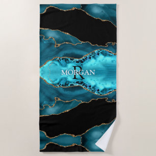Serviette De Plage Noir Or & Turquoise Agate, Monogramme & Blanc Nom