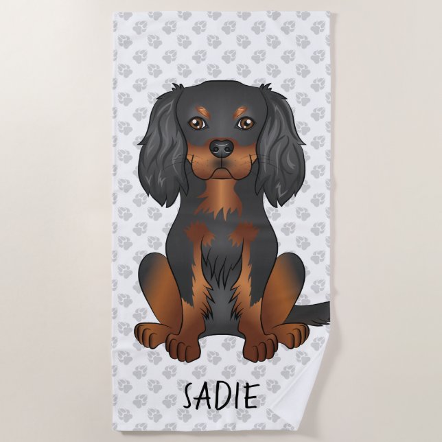 Serviette De Plage Noir & Tan Cavalier King Charles Spaniel & Nom (Devant)