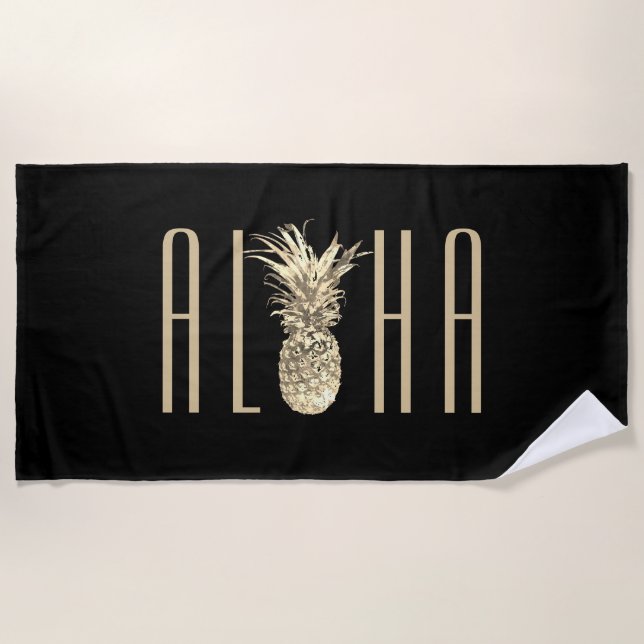 Serviette De Plage Noir tropical de typographie d'or d'ananas Aloha (Devant)