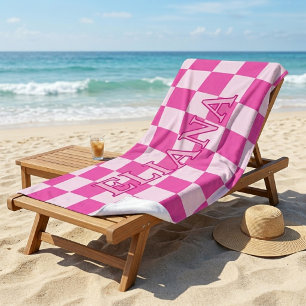 Serviette De Plage Nom à carreaux rose et blanc personnalisé