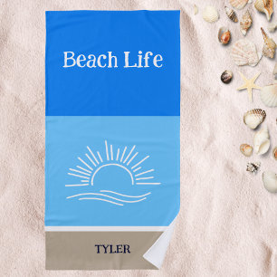 Serviette De Plage Nom chic Tan et bleu clair rayures mer