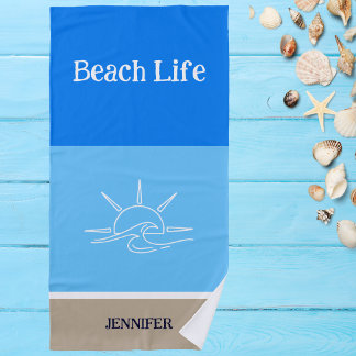 Serviette De Plage Nom chic Tan White et Blue Stripes