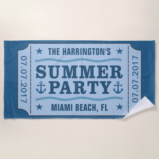 Serviette De Plage Nom, date et emplacement personnalisés "Billet de  (Devant)
