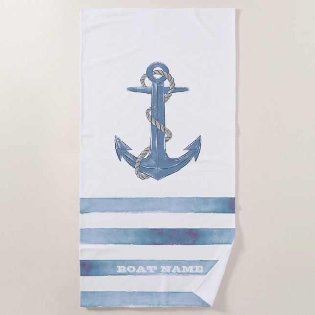 Serviette De Plage Nom de bateau nautique, Ancre, Corde, Rayures bleu (Devant)