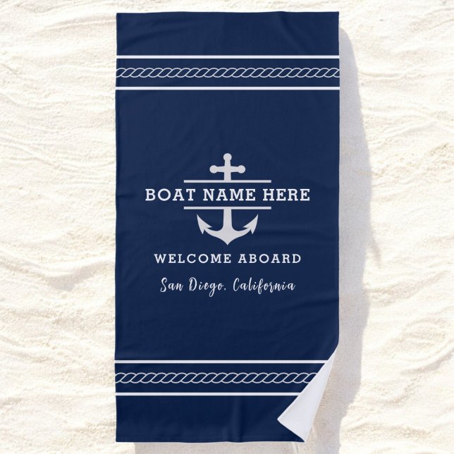 Serviette De Plage Nom de bateau nautique personnalisé Bienvenue à bo (Créateur téléchargé)