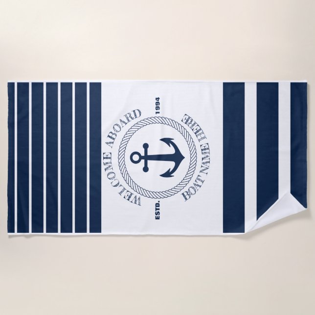 Serviette De Plage Nom de bateau personnalisé Bienvenue à bord Ancre  (Devant)