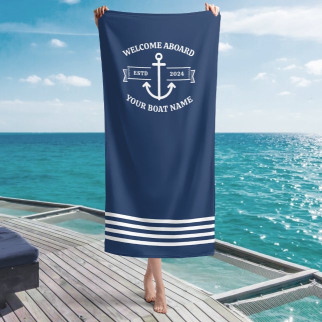 Serviette De Plage Nom de bateau personnalisé Bienvenue à bord Ancre  (Créateur téléchargé)
