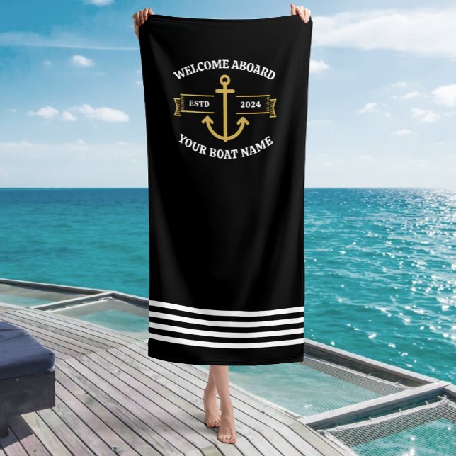 Serviette De Plage Nom de bateau personnalisé Bienvenue à bord Noir & (Créateur téléchargé)