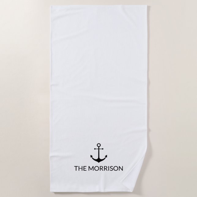 Serviette De Plage Nom de bateau personnalisé nautique ancre noire bl (Devant)