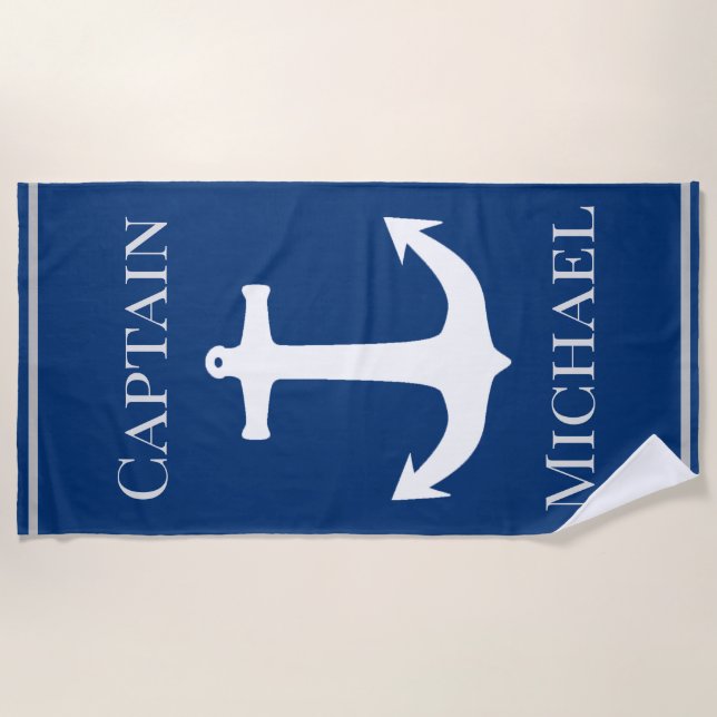 Serviette De Plage Nom de capitaine personnalisé avec Ancre marine (Devant)