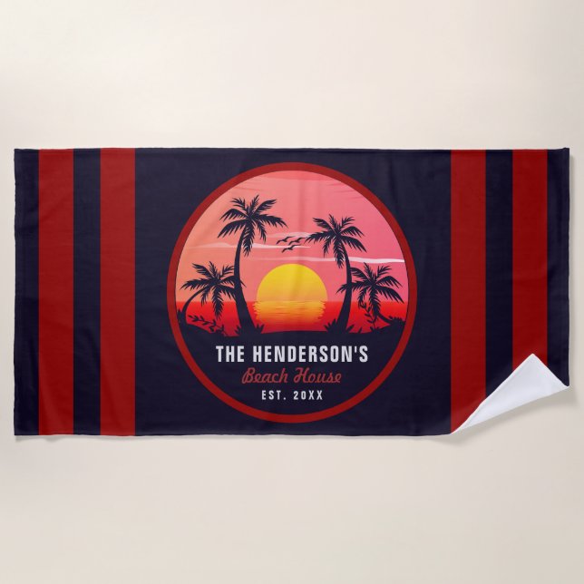 Serviette De Plage Nom de famille Beach House Retro Sunset Souvenirs  (Devant)