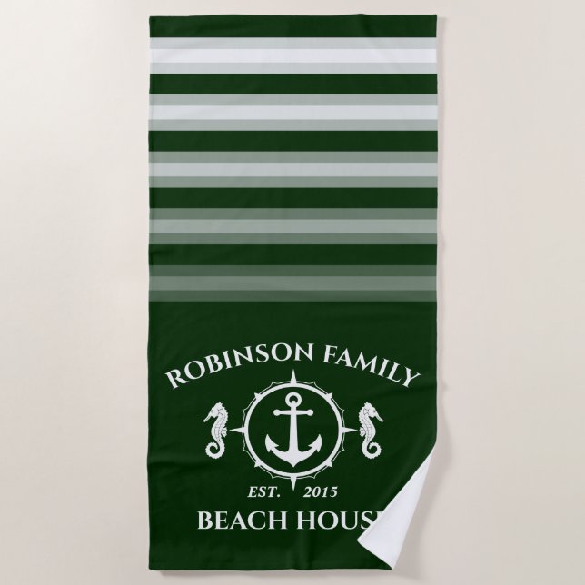 Serviette De Plage Nom de famille Beach House Seahorse Ancre Forêt (Devant)