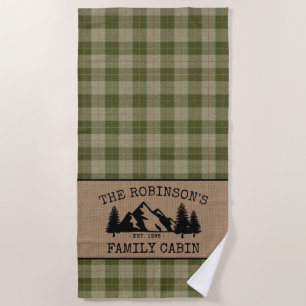Serviette De Plage Nom de famille Cabine Arbres Sage Green Plaid Burl