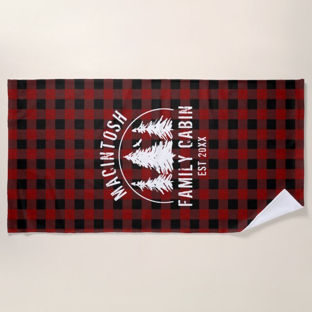 Serviette De Plage Nom de famille du cabine Red Black Buffalo Plaid (Devant)