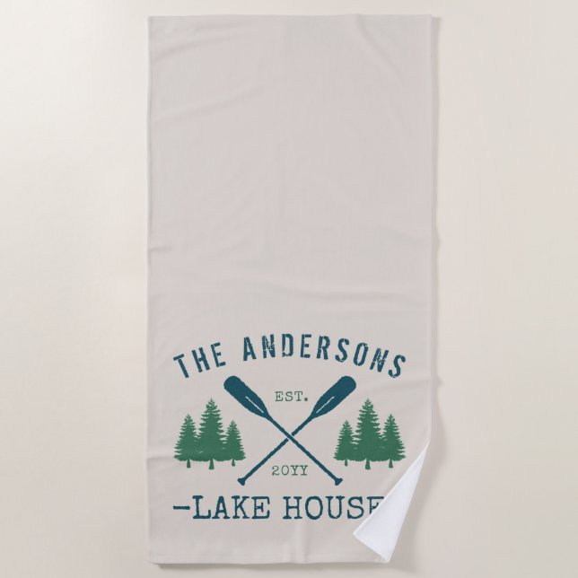 Serviette De Plage Nom de famille Lake House Oars rustiques Pine Tree (Devant)