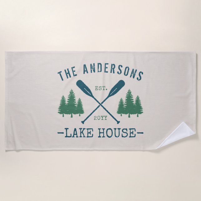 Serviette De Plage Nom de famille Lake House Oars rustiques Pine Tree (Devant)