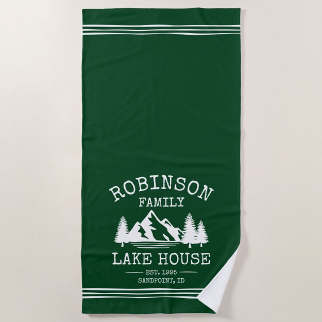 Serviette De Plage Nom de famille Lake House Trees Forest Green (Devant)