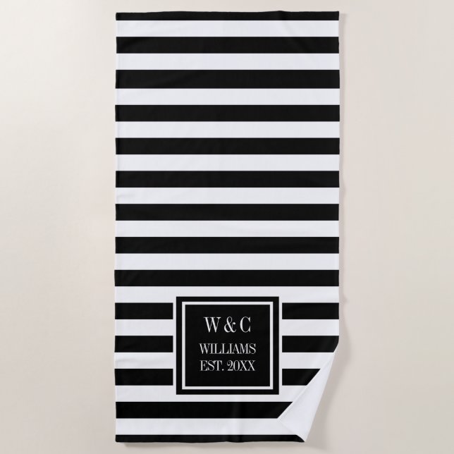 Serviette De Plage Nom de famille Monogram Marine Black White Stripe (Devant)