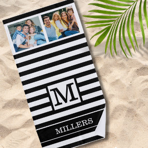 Serviette De Plage Nom de famille Monogramme 2 Photo Rayure Noir Blan