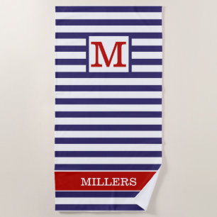 Serviette De Plage Nom de famille monographique Red Blue Cabana Strip