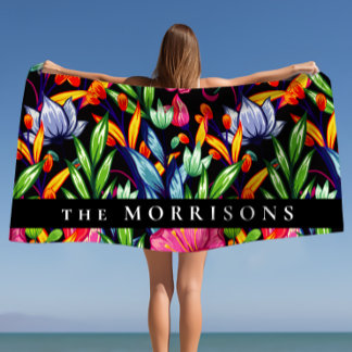 Serviette De Plage Nom de famille personnalisé Motif Floral Arrière -