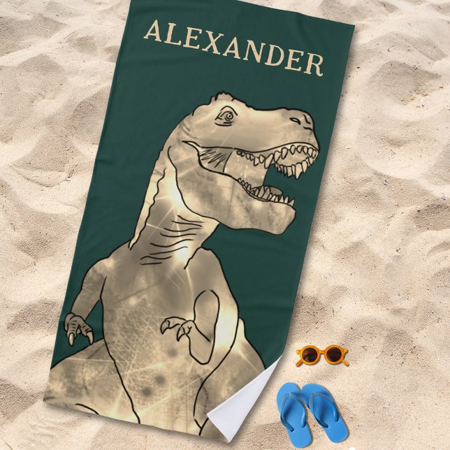 Serviette De Plage Nom de garçon personnalisé Dinosaure (T-Rex dinosaur boys custom name beach towel for dino lovers)