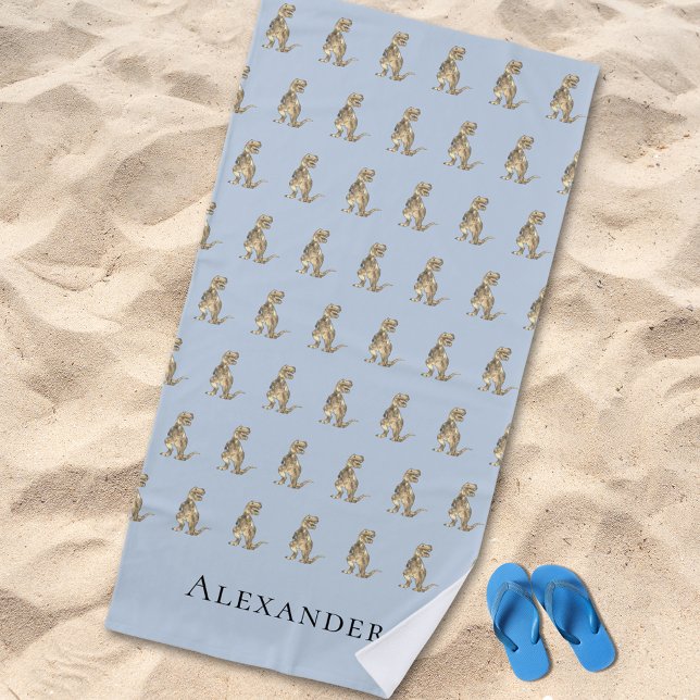 Serviette De Plage Nom de garçon personnalisé Dinosaure Bleu (Personalised boy name dinosaur blue beach towel kids Jurassic T-Rex dino pattern with monogram name )