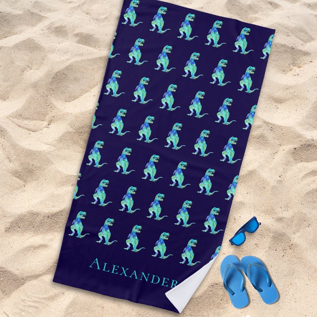 Serviette De Plage Nom de garçon personnalisé Dinosaure Bleu (Personalized boy name dinosaur blue green beach towel Jurassic T-Rex dino kids monogram name gift)