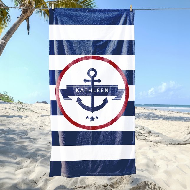 Serviette De Plage Nom de l'Ancre nautique Bleu de la Marine (Nautical Anchor Name Navy Blue Stripes Beach Towel)