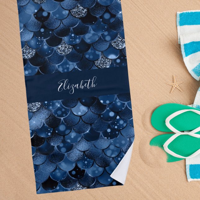Serviette De Plage Nom de l'écaille de sirène bleu marine (Créateur téléchargé)