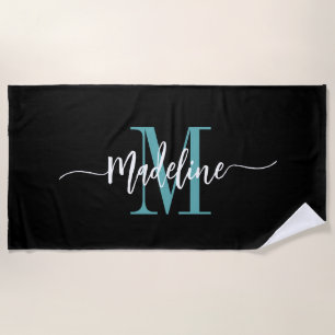 Serviette De Plage Nom de monogramme élégant personnalisé écriture Bl