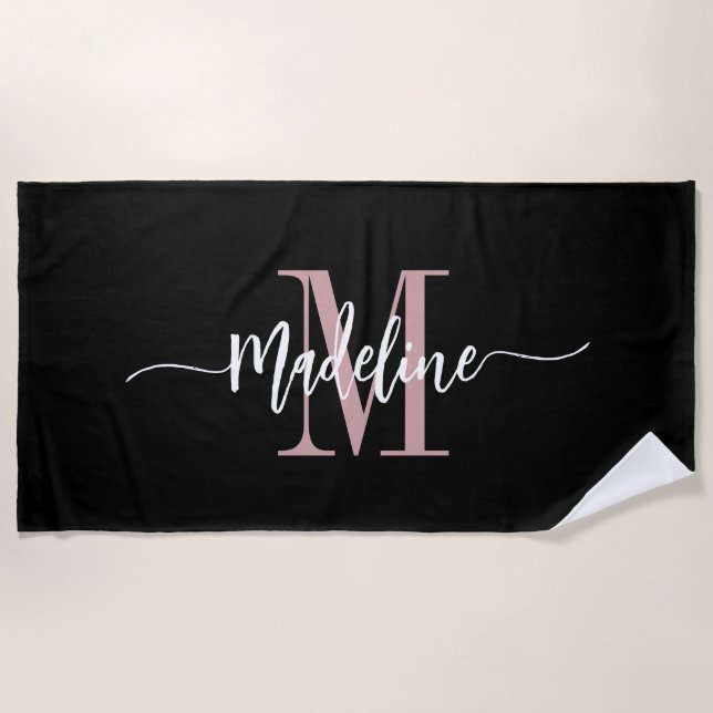 Serviette De Plage Nom de monogramme élégant personnalisé Script Blac (Devant)