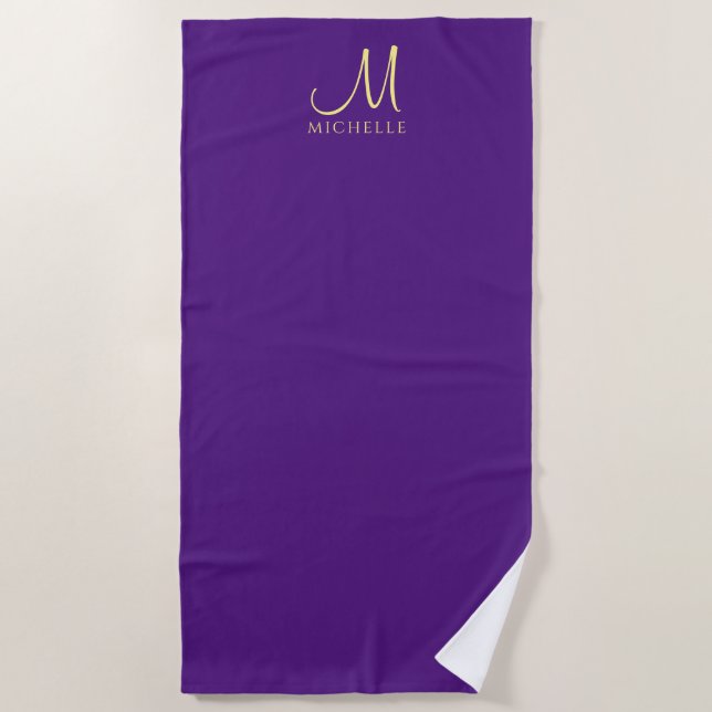 Serviette De Plage Nom de monogramme manuscrit Royal Purple & Gold (Devant)