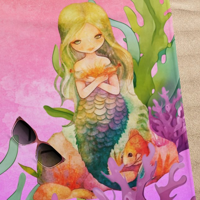Serviette De Plage Nom de monogramme mignon Mermaid Pink Beach Towne (Créateur téléchargé)