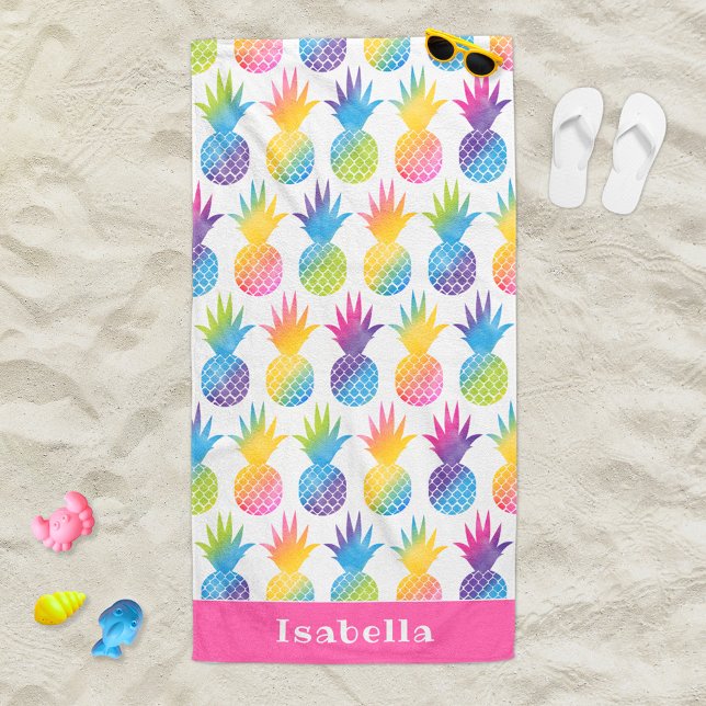 Serviette De Plage Nom de monogramme rose ananas tropical (Créateur téléchargé)