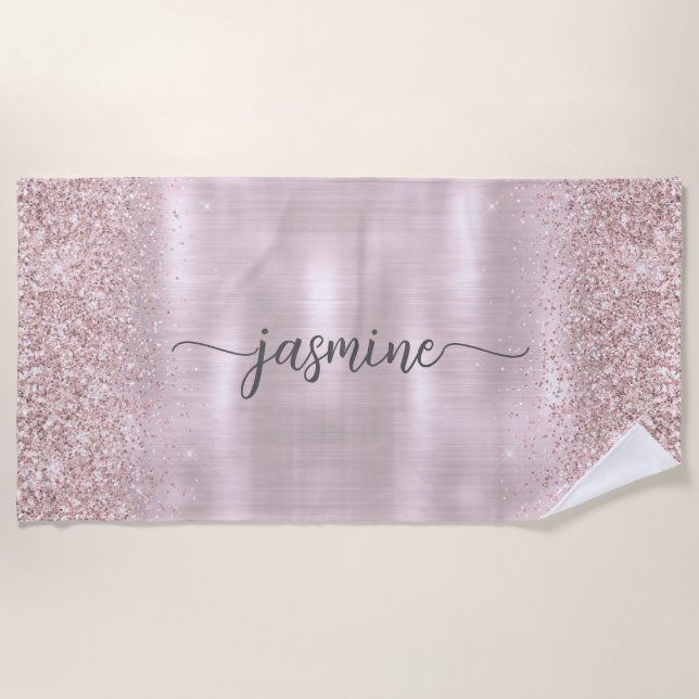 Serviette De Plage Nom de monogramme scintillant rose doré glamour éc (Devant)
