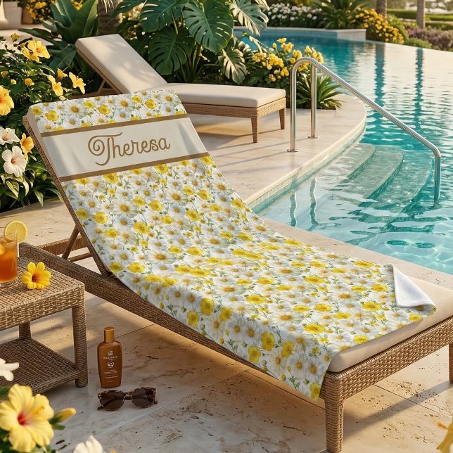 Serviette De Plage Nom de motif de fleur sauvage à l'aquarelle jaune (Créateur téléchargé)