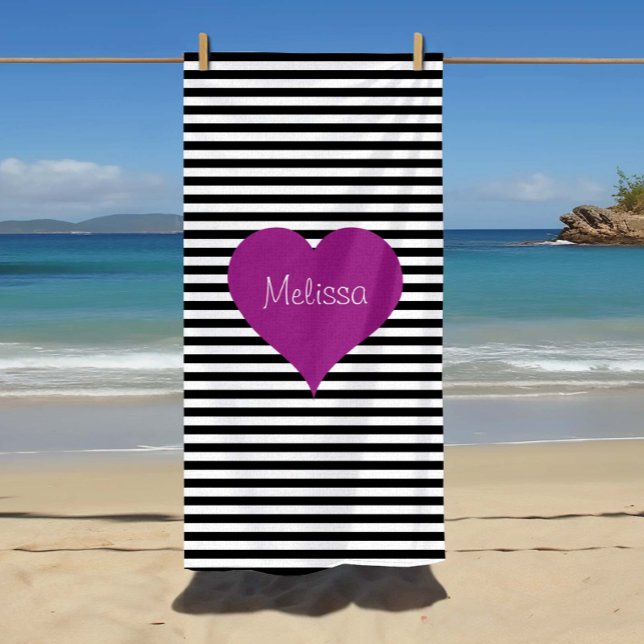 Serviette De Plage Nom de motif rayures noir et blanc mignon (LOVE Pink Heart Black & White Stripes Pattern Name Beach Towel)