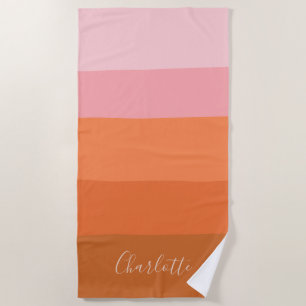 Serviette De Plage Nom de script de rayures abstraites rose orange él