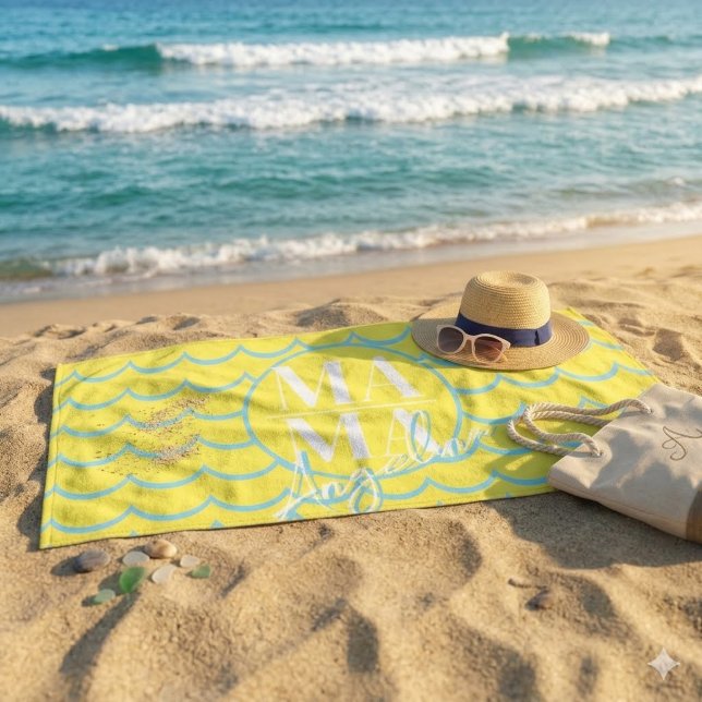 Serviette De Plage Nom de script MAMA personnalisé jaune vague de coq (Créateur téléchargé)