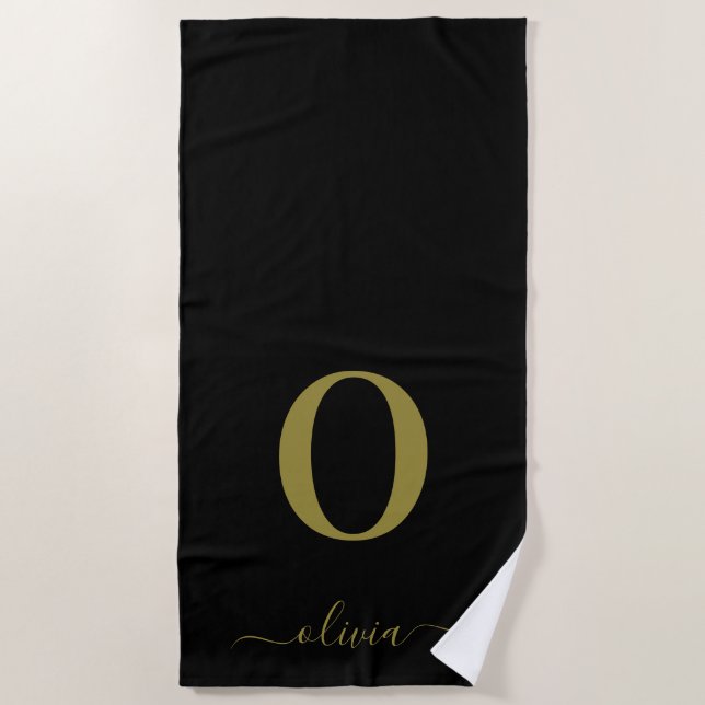 Serviette De Plage Nom De Script Monogramme Personnalisé Noir Et Or (Devant)